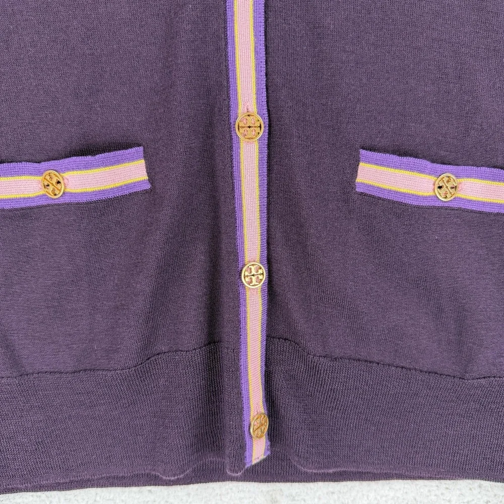 Tory Burch Sweater Cardigan Womens Small Purple 100% Merino Wool V Neck‎ Logo